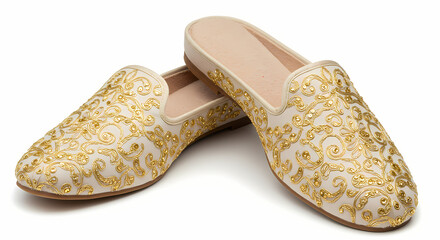 Elegant Embroidered Mules: Gold & Ivory Women's Footwear