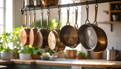 Copper Pots and Pans Hanging in a Rustic Kitchen