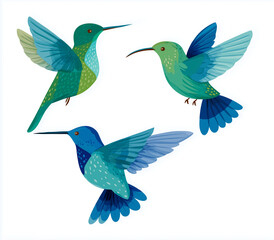 Obraz premium Three hummingbirds, vector illustration, flat design, white background
