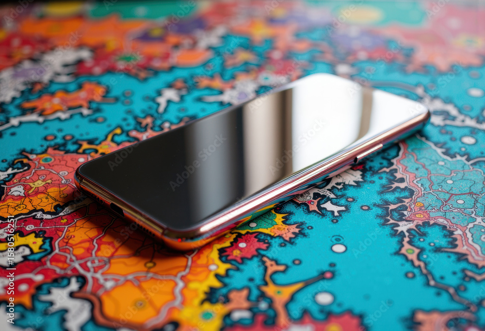 Poster smartphone with reflective screen lying on colorful abstract surface