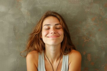 Fototapeta premium Happy young woman with closed eyes and freckles is smiling and expressing happiness