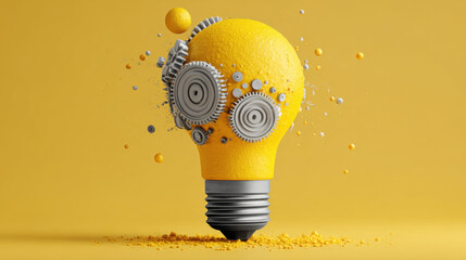 Yellow Lightbulb with Exploding Grey Gears on Yellow Background