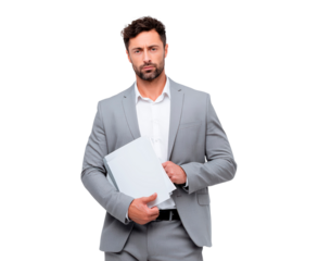 Confident businessman in gray suit holding documents on transparent background, PNG