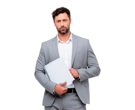 Confident businessman in gray suit holding documents on transparent background, PNG