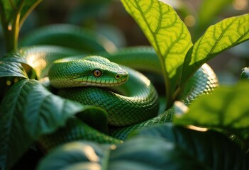 Obraz premium Green snake coiled among lush leaves in a vibrant jungle setting