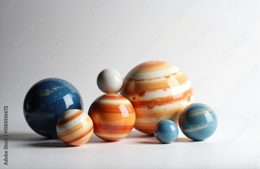 Poster colorful marble spheres of various sizes arranged on a white surface with a plain background