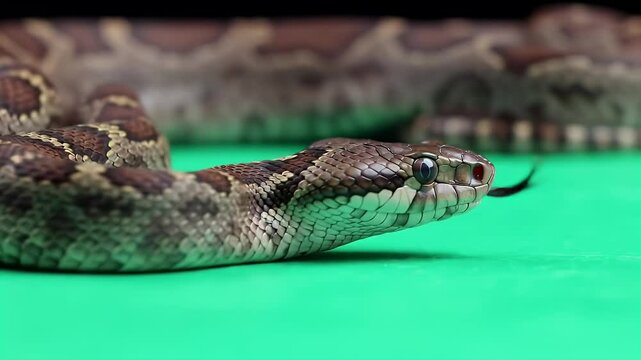 Close-up of a Brown Patterned Snake with Forked Tongue Flicking on a Vibrant Green Surface, Detailed Reptile Head and Scales, Wildlife Animal Portrait