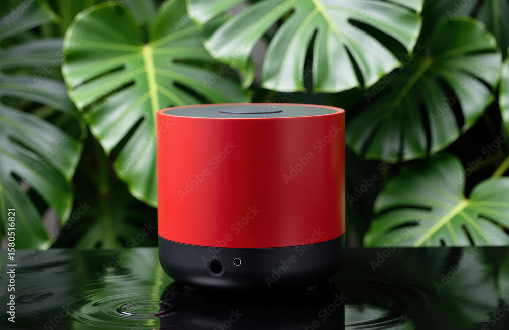 Aufkleber compact red and black smart speaker with a sleek design placed on a reflective surface amidst large 