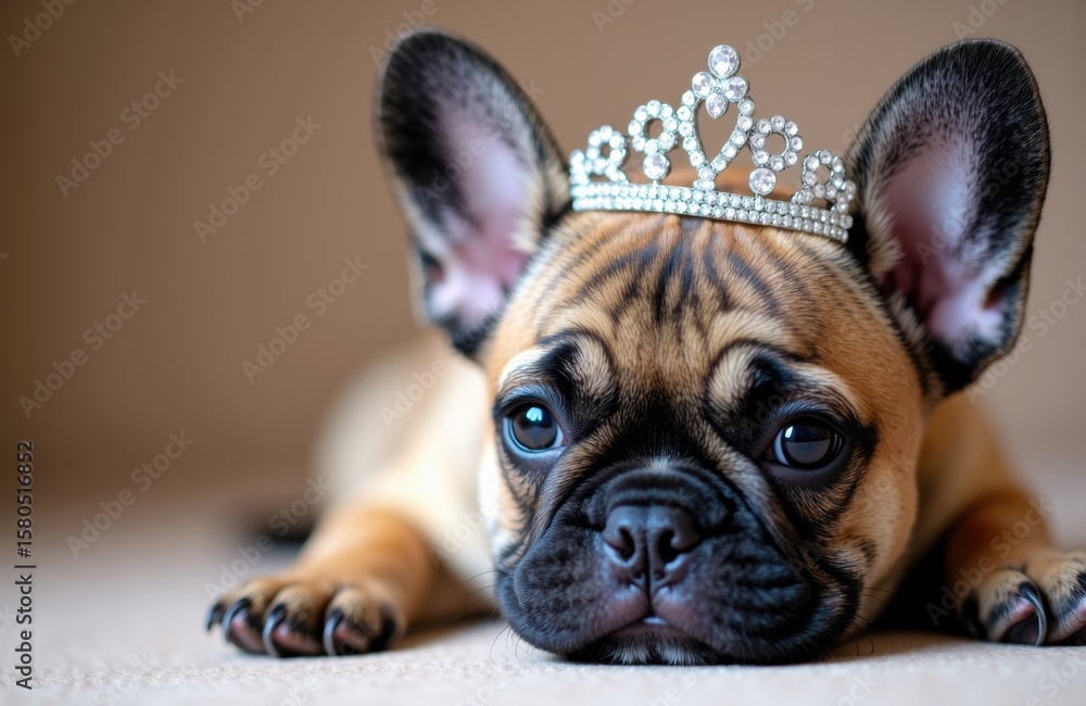 Poster french bulldog puppy wearing a small tiara with a curious and relaxed expression lying on a soft sur