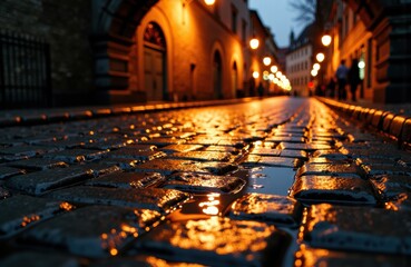 Wet cobblestone street illuminated by streetlights during evening hours creating reflections and a warm glow