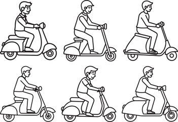 a young man riding a scooter line art, black outline, vector and illustration, coloring book page line art drawing set
