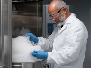 Caucasian man in lab coat handling dry ice in laboratory