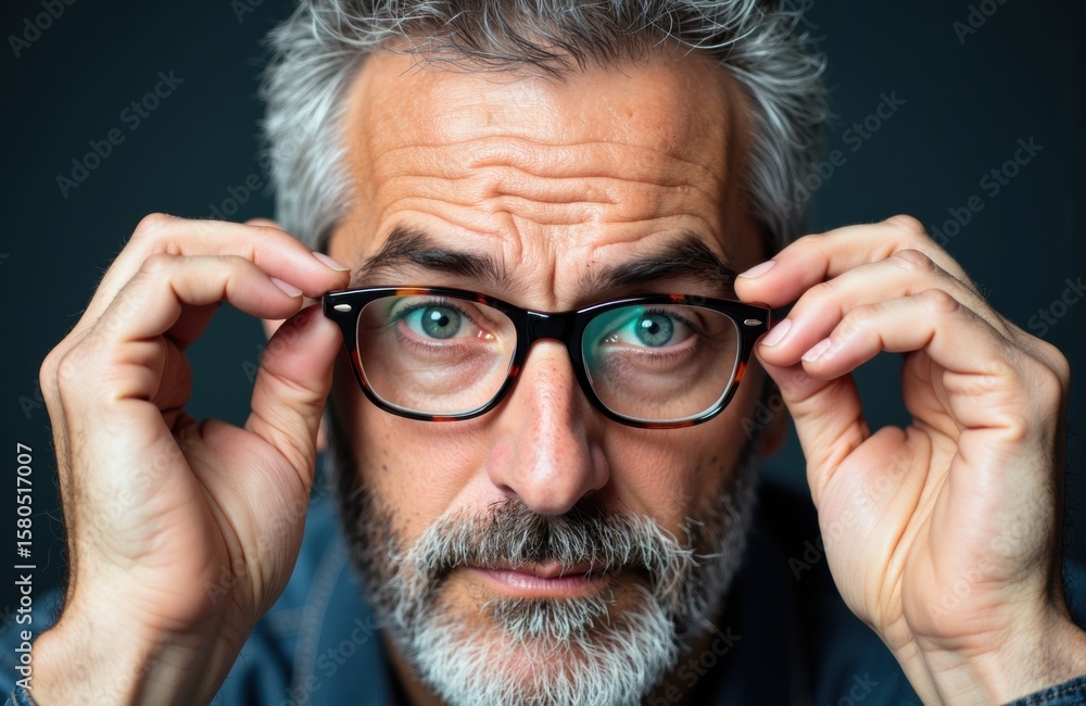 Poster man adjusting glasses with a surprised expression on his face
