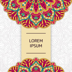 Vector oriental style card template. Vintage decorative elements. Design with colorful mandala.  Arabic, Indian motifs