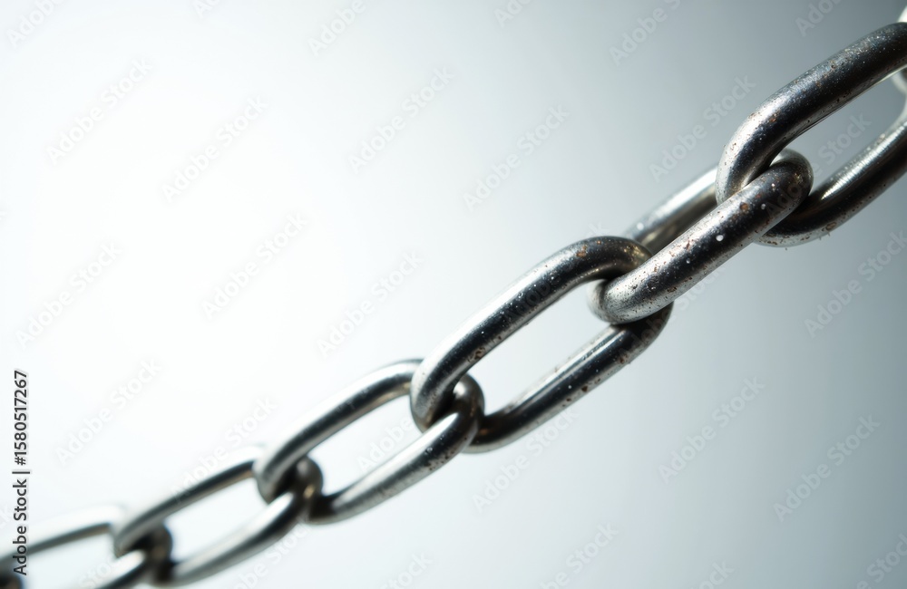 Poster a close-up of a metal chain with interconnected links on a plain background