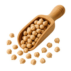 Raw chickpeas in wooden scoop with scattered legumes isolated on transparent background