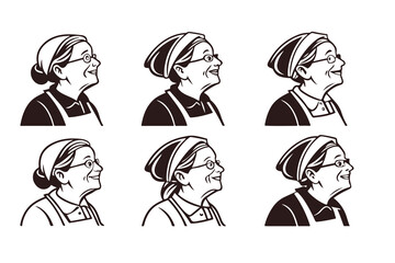 Set of grandmother portraits in profile. Vector icons of a smiling senior woman with glasses. Happy retro character logo illustration collection.