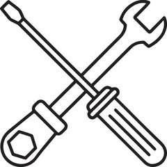 screwdriver and wrench crossed line art, black outline, vector and illustration, coloring book page line art drawing