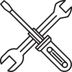 screwdriver and wrench crossed line art, black outline, vector and illustration, coloring book page line art drawing
