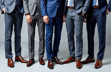 Businessmen standing together in formal suits and polished shoes creating a professional atmosphere