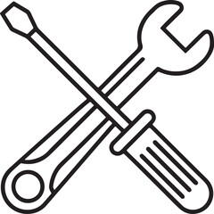 screwdriver and wrench crossed line art, black outline, vector and illustration, coloring book page line art drawing