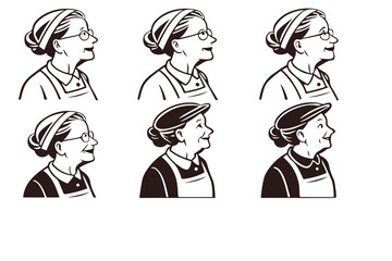 Set of grandmother portraits in profile. Vector icons of a smiling senior woman with glasses. Happy retro character logo illustration collection.