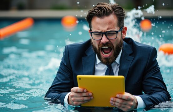 Man in business suit submerged in swimming pool holding a tablet with a distressed expression