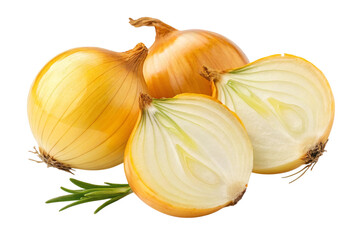Fresh yellow onions and rosemary sprig isolated on transparent background