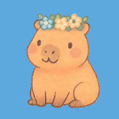 Adorable Capybara Wearing Floral Headband in Pastel Style