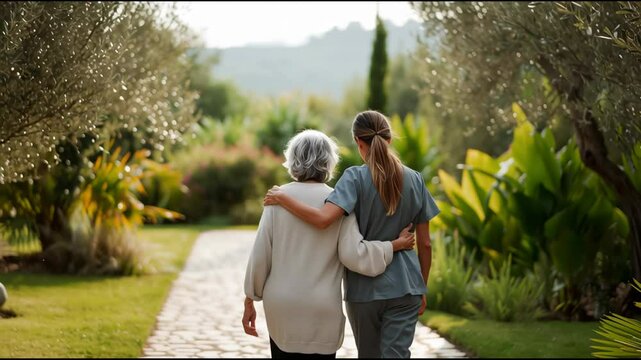 A young female caregiver walking arm-in-arm with an elderly woman in a serene garden, soft sunlight, nursing scrubs, elderly care concept,