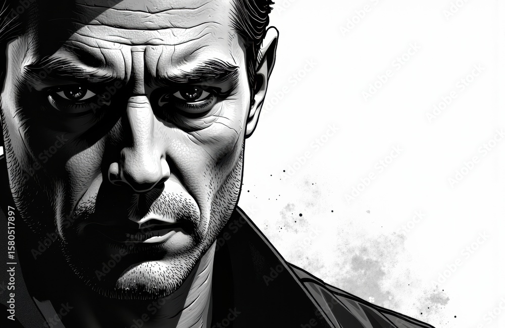 Poster man with intense expression and furrowed brow looks directly at the camera against a plain backgroun