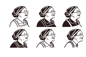 Fototapeta premium Set of grandmother portraits in profile. Vector icons of a smiling senior woman with glasses. Happy retro character logo illustration collection.