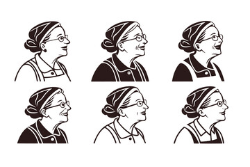Set of grandmother portraits in profile. Vector icons of a smiling senior woman with glasses. Happy retro character logo illustration collection.