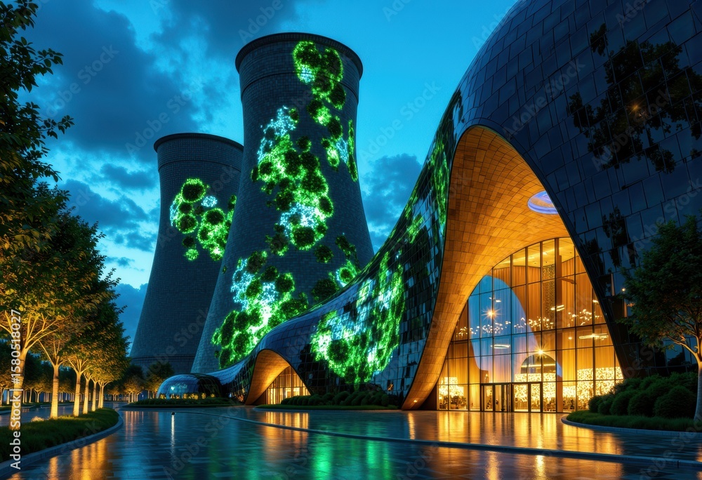 Poster modern architecture featuring illuminated cooling towers at dusk