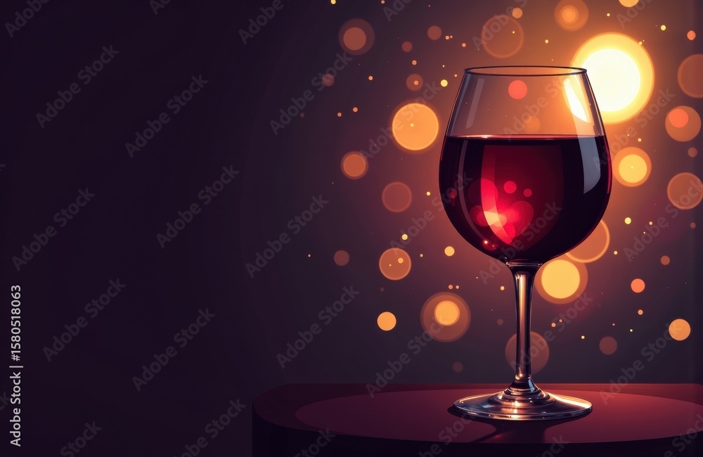 Poster a glass of red wine on a dark surface with bokeh light effects in the background