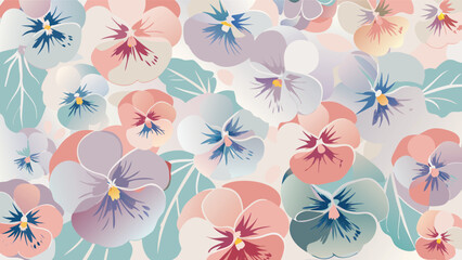 Floral pattern with pastel colored pansies and leaves creating a soft and gentle background design effect
