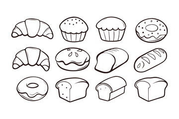 Set of Bakery and Pastry Vector Illustrations, Hand Drawn Bread, Croissant, Muffin, Donut, Cupcake, Dessert Icons Isolated on White Background