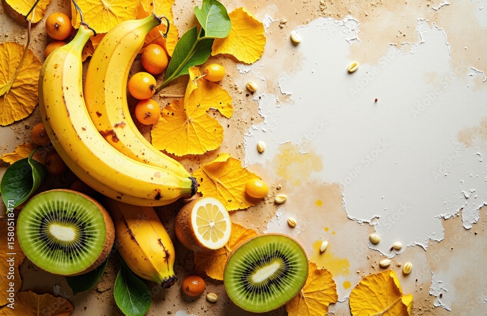 Poster colorful fresh fruits arranged on a rustic surface with space for text