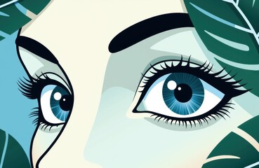 Woman with striking blue eyes and bold eyebrows surrounded by lush green leaves