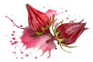 Two vibrant red roselle hibiscus flowers with pink splash and droplets isolated on transparent background