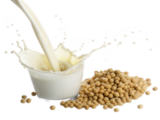 Pouring soy milk into a glass with soybeans isolated on transparent background