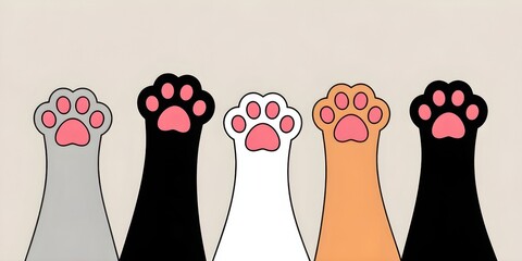 Cute Colorful Cat Paws Reaching Up with Pink Toe Beans Isolated on Light Background, Multi-Colored Feline Paw Pads Illustration with Copy Space.