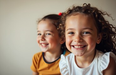 Smiling young girls with curly hair and bright expressions posing together in a casual setting