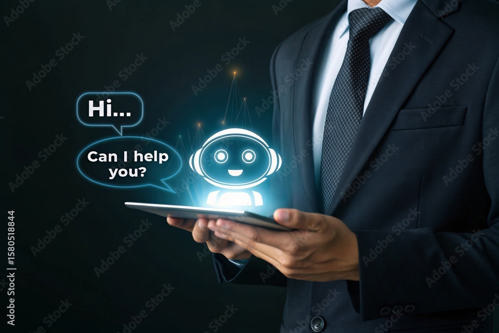 Poster man in dark suit holding tablet with chatbot interface image