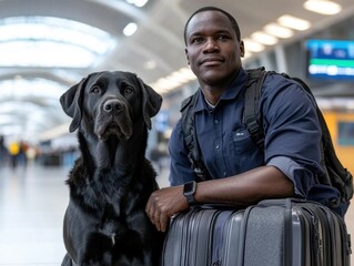 Calm 35 years old African American man with Labrador at airport