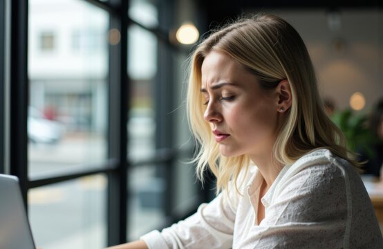 Woman with blonde hair looks stressed while working on laptop in a modern cafe setting