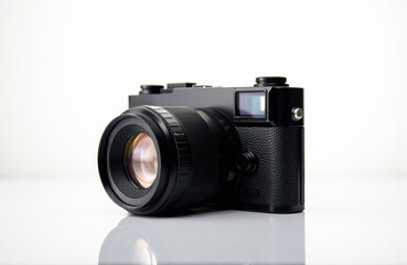 Woman holding vintage camera with large lens and textured grip on a white background
