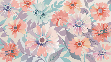 Pastel floral pattern featuring a variety of daisy like flowers and leaves in soft watercolor style
