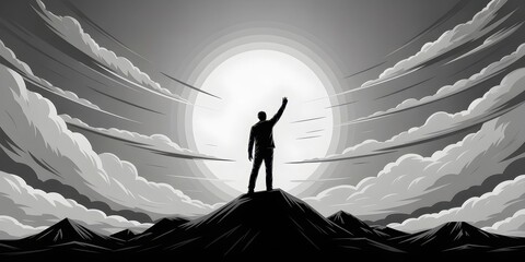 Vector illustration of man silhouette on mountain peak, hand raised towards bright light, symbolizing success, triumph, hope, and overcoming challenge