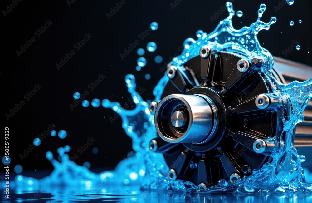 Poster high-tech turbine part surrounded by water splashes creating a dynamic and energetic scene